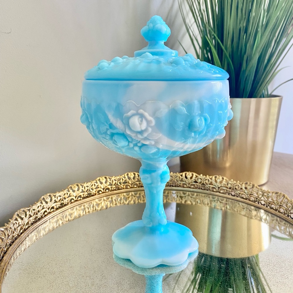 Fenton Cabbage Rose Blue Slag Covered Compote/Candy Dish